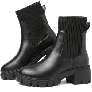 Women's Chelsea Platform Black Ankle Boots Stylish Comfortable Slip On Shoes